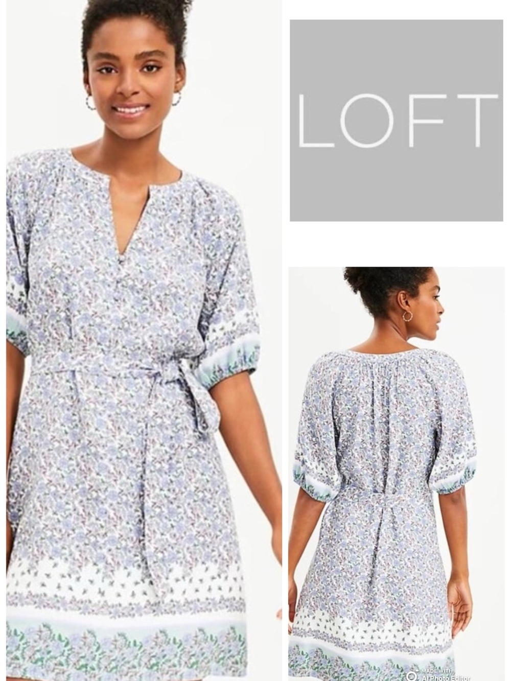 LOFT Linen Blend Purple, Green & Cream Boho Floral Tie-Waist Midi Dress